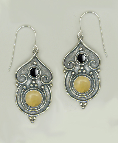 Sterling Silver Gothic Inspired Drop Dangle Earrings With Yellow Jade And Hematite